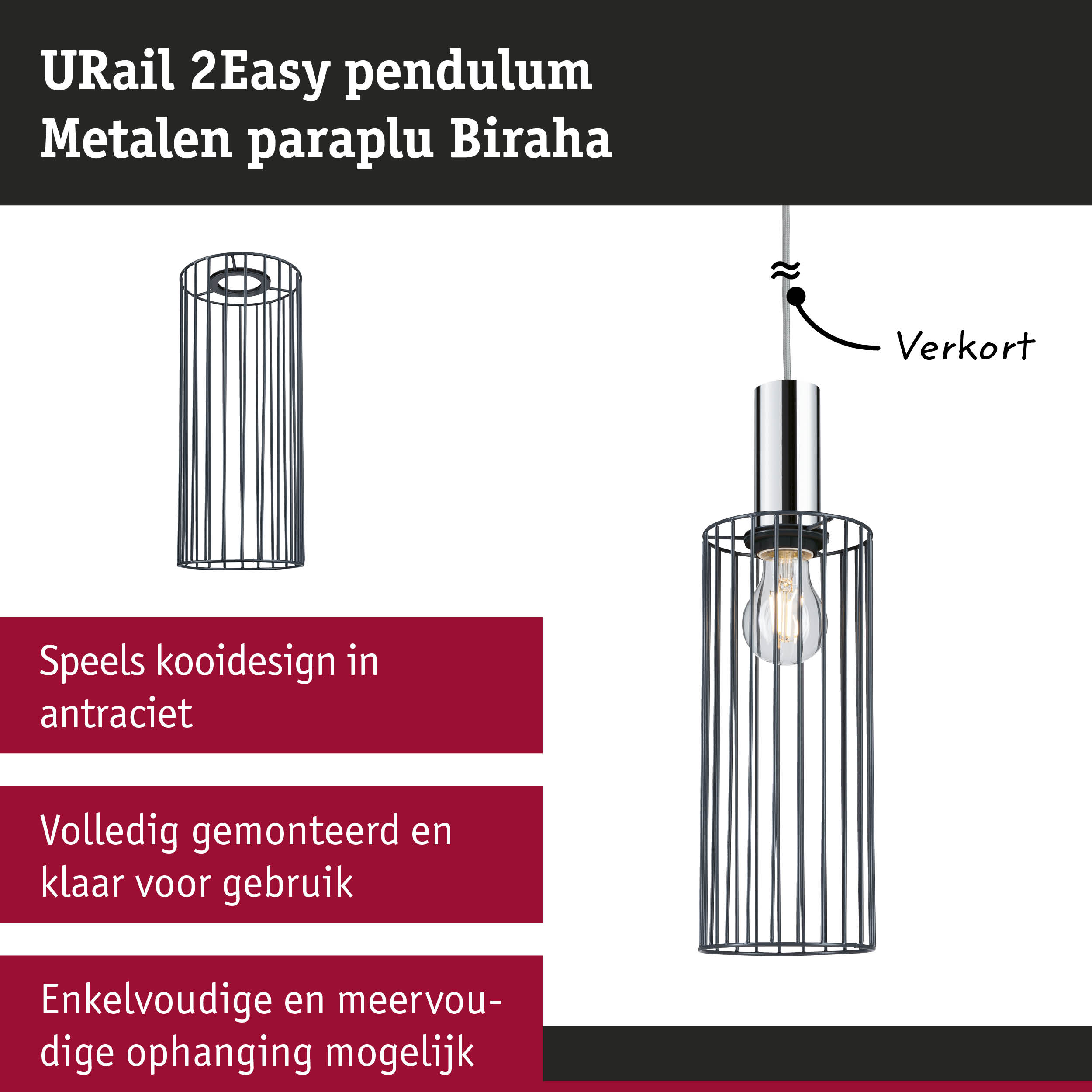 URail 2Easy hanglamp met antraciet metalen kooi en zichtbare lamp voor moderne verlichting