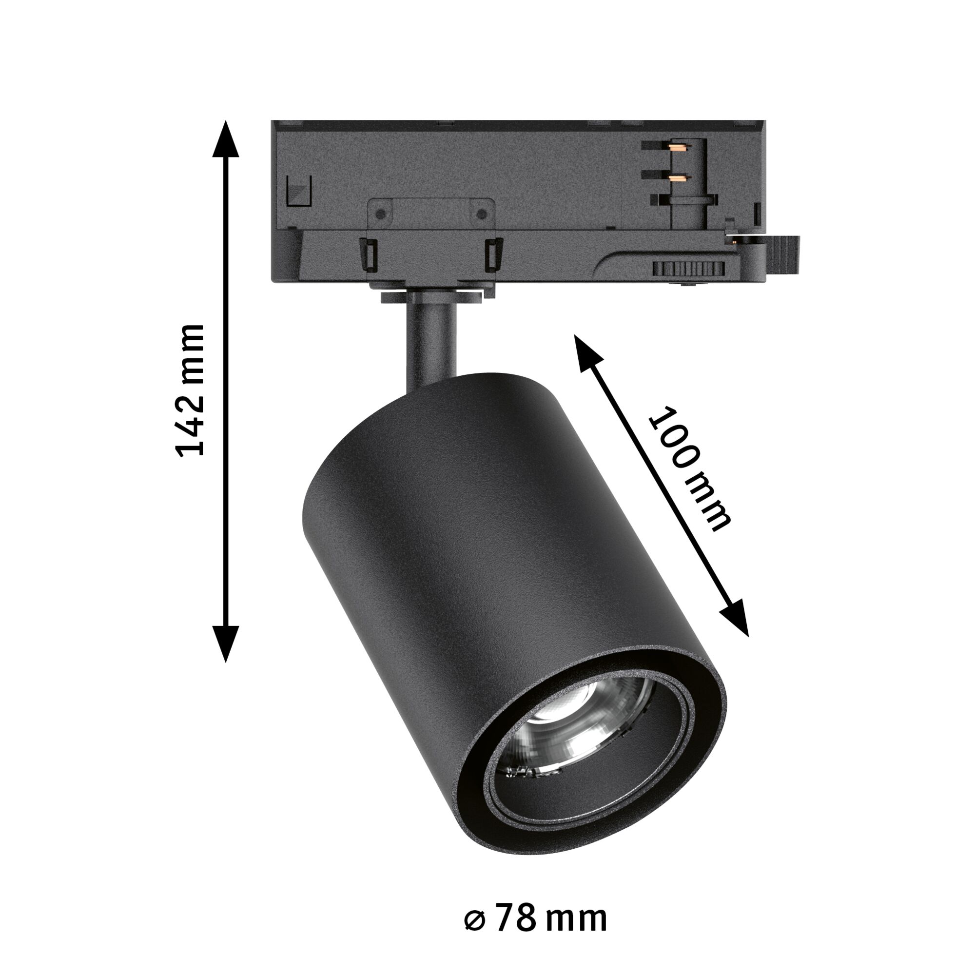 Schwarzer LED-Strahler aus Metall mit 142 mm Höhe und 78 mm Durchmesser für moderne Innenbeleuchtung