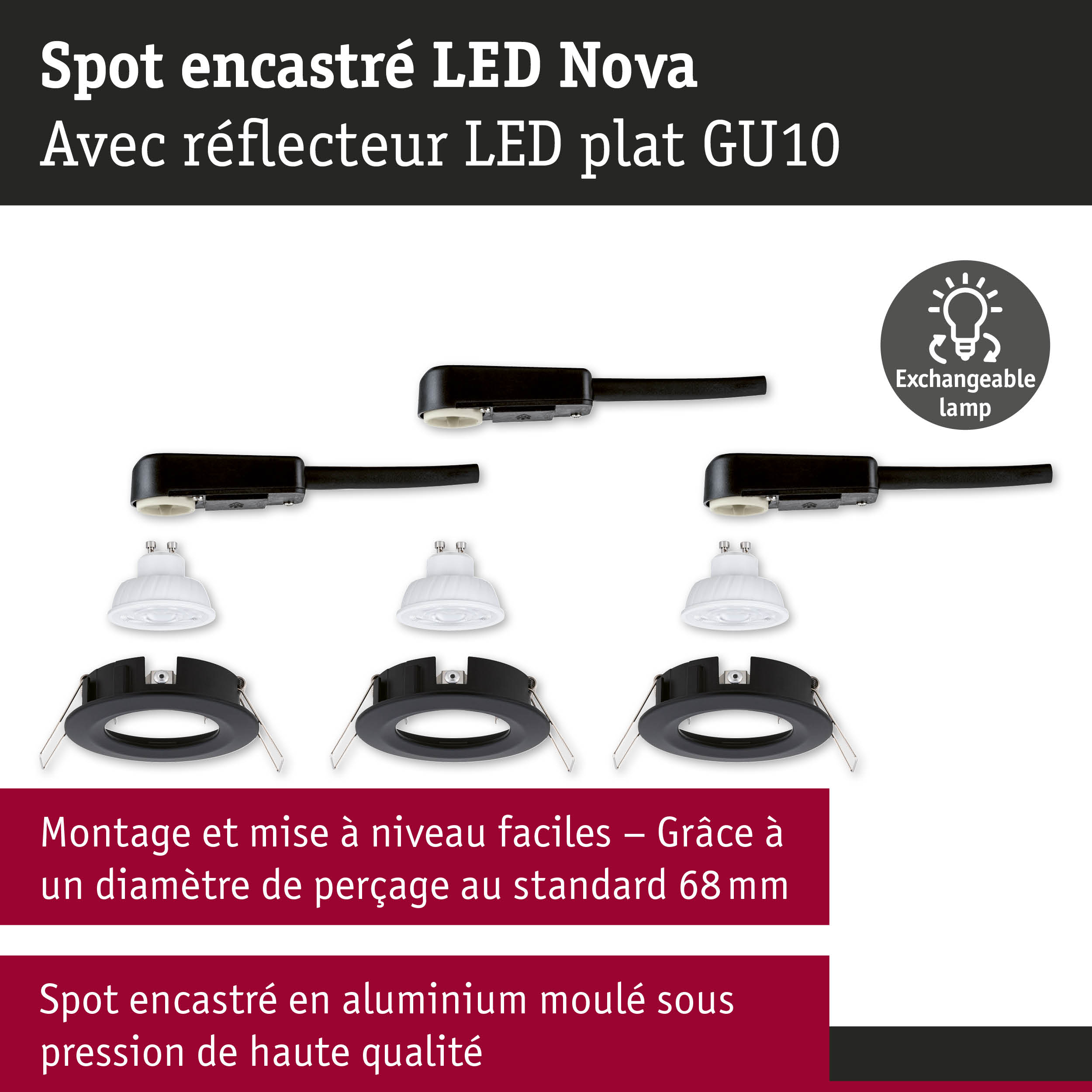Spots encastrés LED Nova noirs avec réflecteur LED plat GU10 et lampe interchangeable