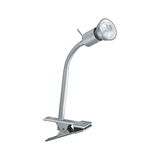 Lampe LED argentée en métal avec pince et col flexible pour un éclairage ciblé au bureau