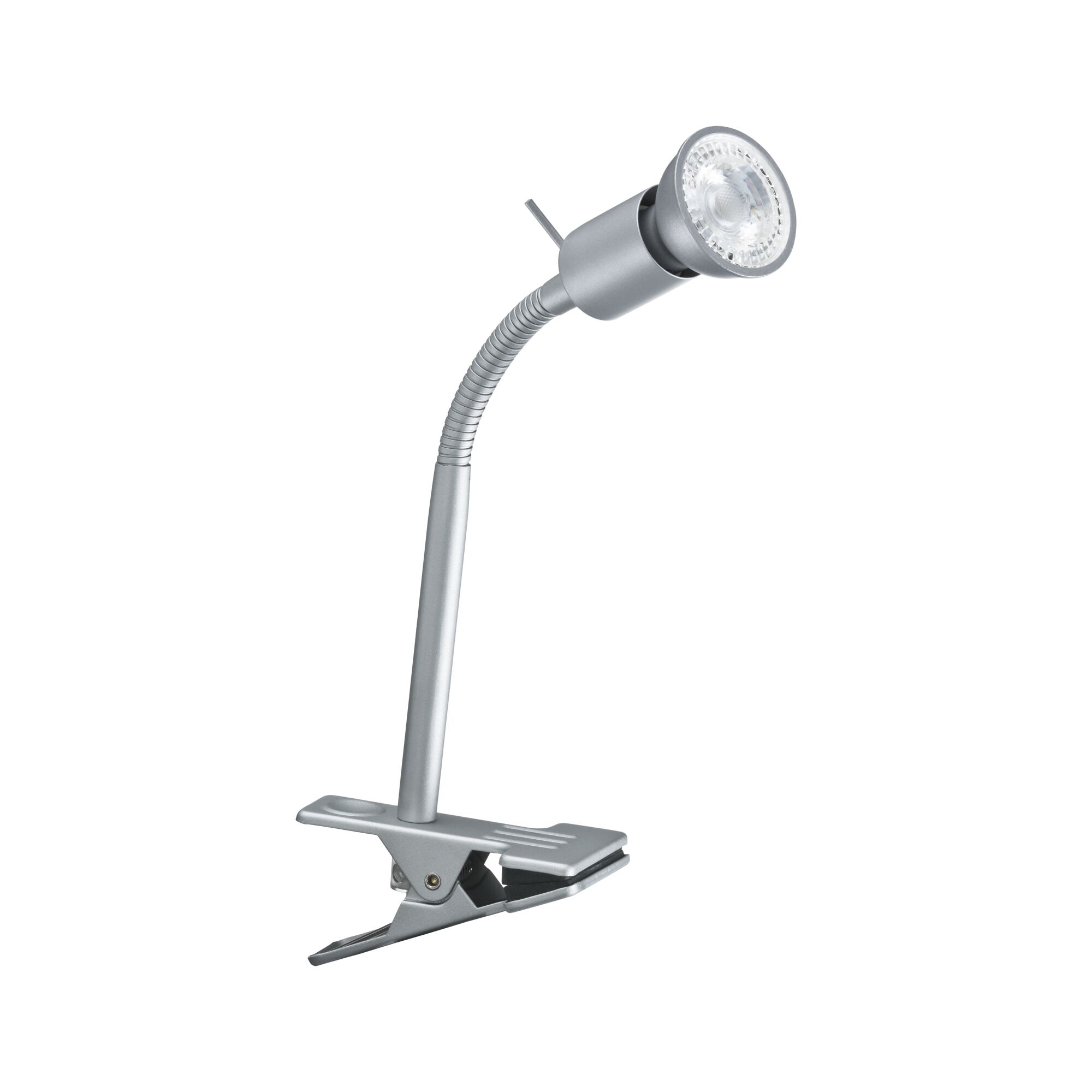 Silberne LED-Klemmleuchte mit flexiblem Hals aus Metall für gezielte Beleuchtung im Arbeitsbereich