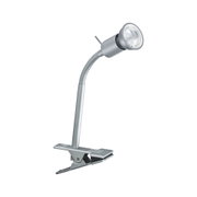 Silberne LED-Klemmleuchte mit flexiblem Hals aus Metall für gezielte Beleuchtung im Arbeitsbereich