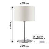 Tafellamp met witte stoffen kap en geborstelde metalen voet, afmetingen 450x250x180 mm, LED-verlichting