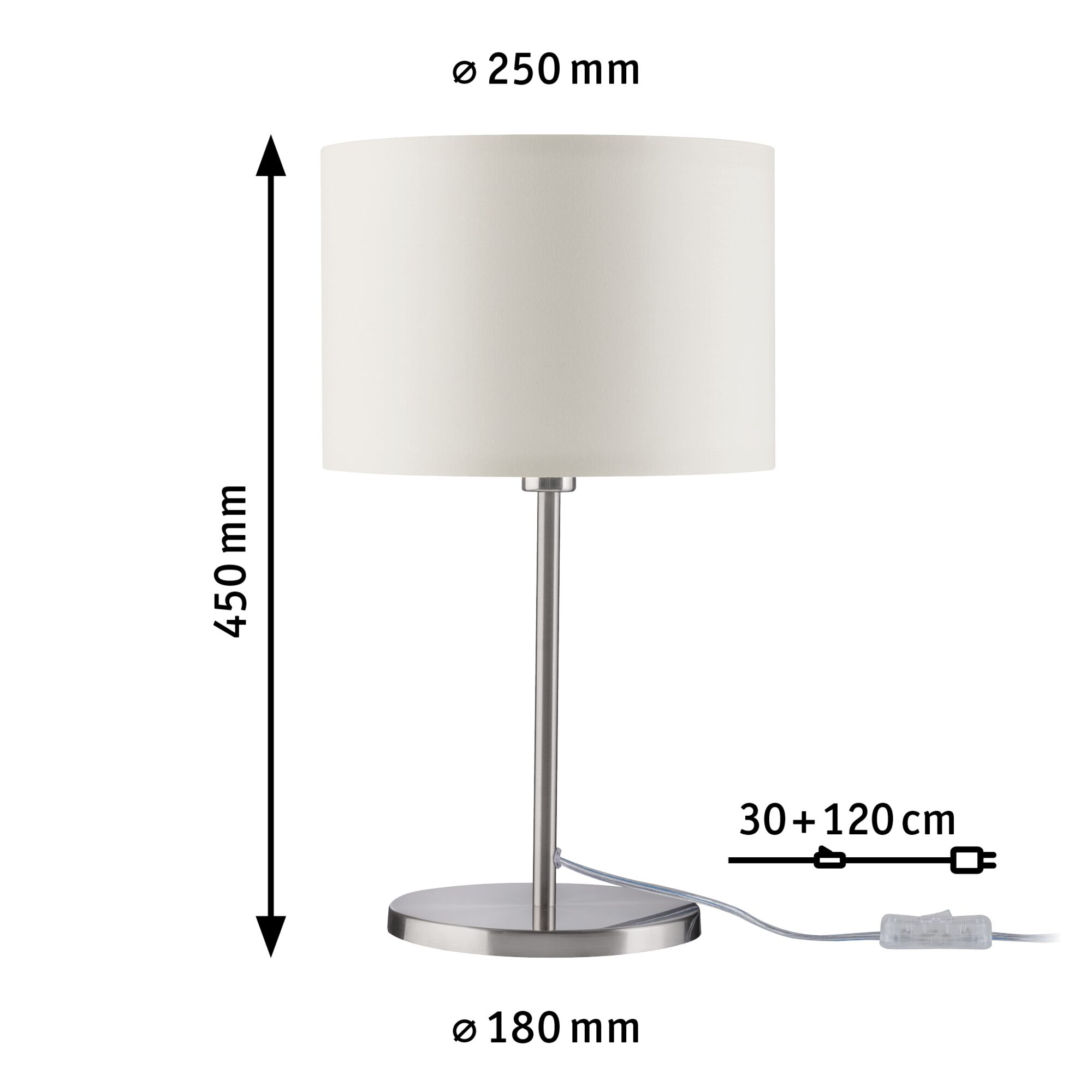 Tafellamp met witte stoffen kap en geborstelde metalen voet, afmetingen 450x250x180 mm, LED-verlichting