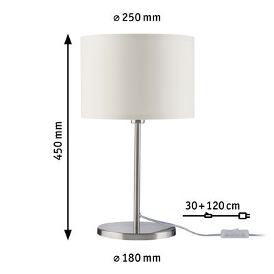 Lampe de table avec abat-jour en tissu blanc et base en métal brossé, dimensions 450x250x180 mm, éclairage LED