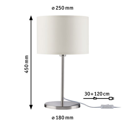 Table lamp with white fabric shade and brushed metal base, dimensions 450x250x180 mm, LED lighting