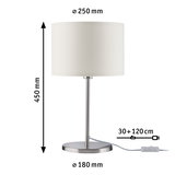 Lampe de table avec abat-jour en tissu blanc et base en métal brossé, dimensions 450x250x180 mm, éclairage LED