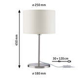 Table lamp with white fabric shade and brushed metal base, dimensions 450x250x180 mm, LED lighting