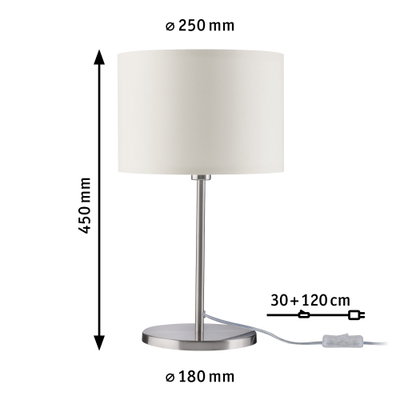 Lampe de table avec abat-jour en tissu blanc et base en métal brossé, hauteur 450 mm, diamètre 250 mm