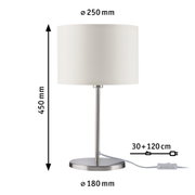 Table lamp with white fabric shade and brushed metal base, 450 mm height, 250 mm diameter