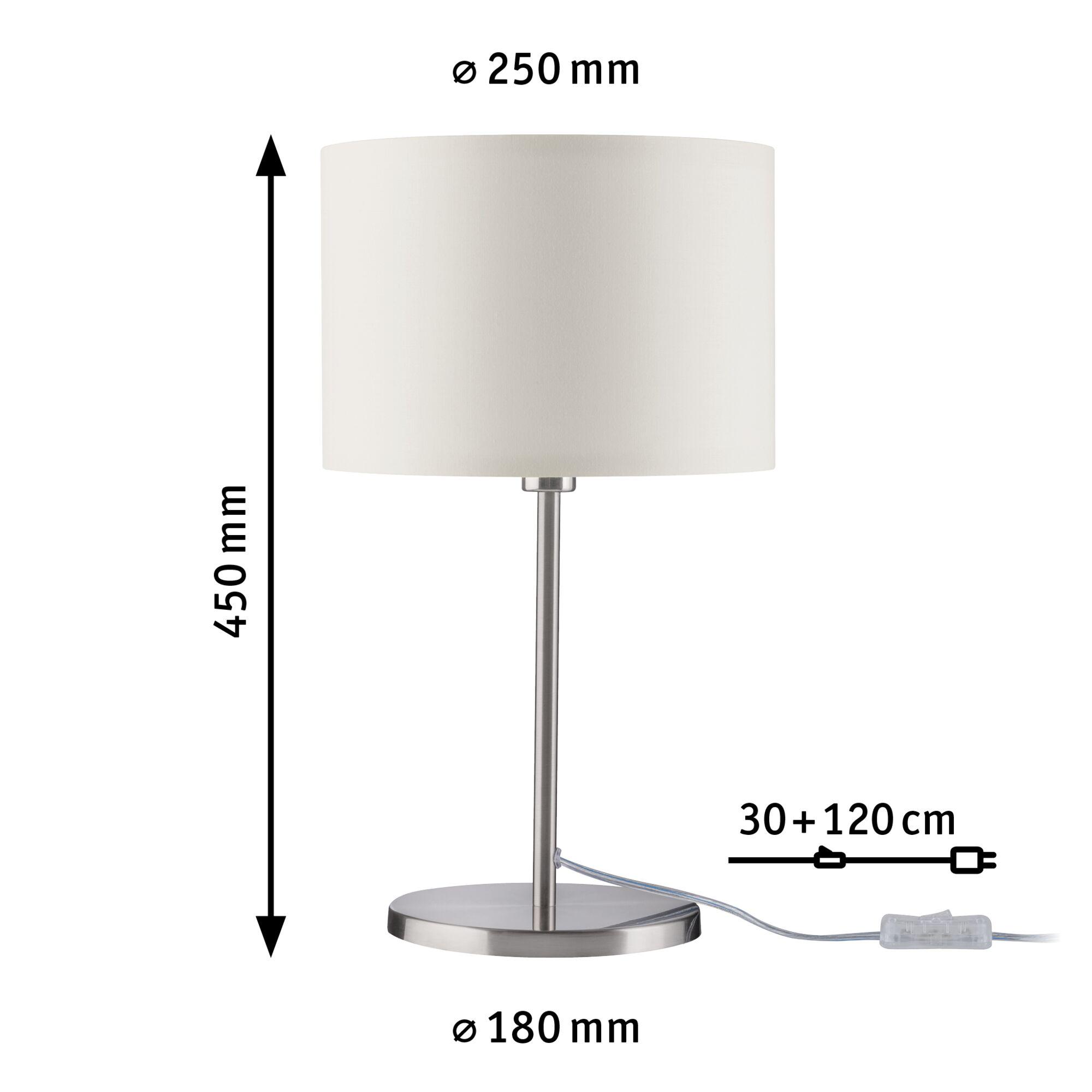 Table lamp with white fabric shade and brushed metal base, 450 mm height, 250 mm diameter