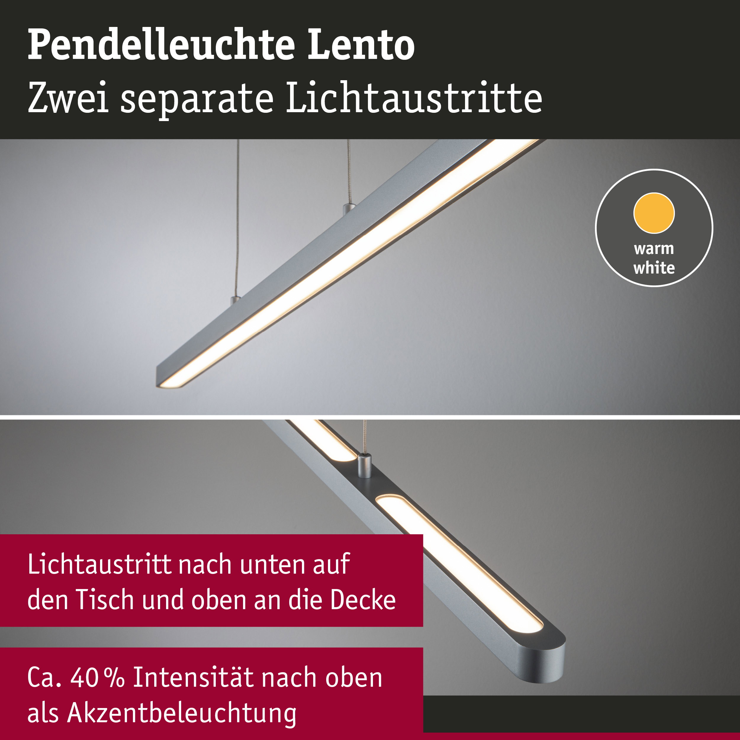 Pendelleuchte Lento aus Aluminium in Grau mit warmweißem Licht und zwei separaten Lichtaustritten