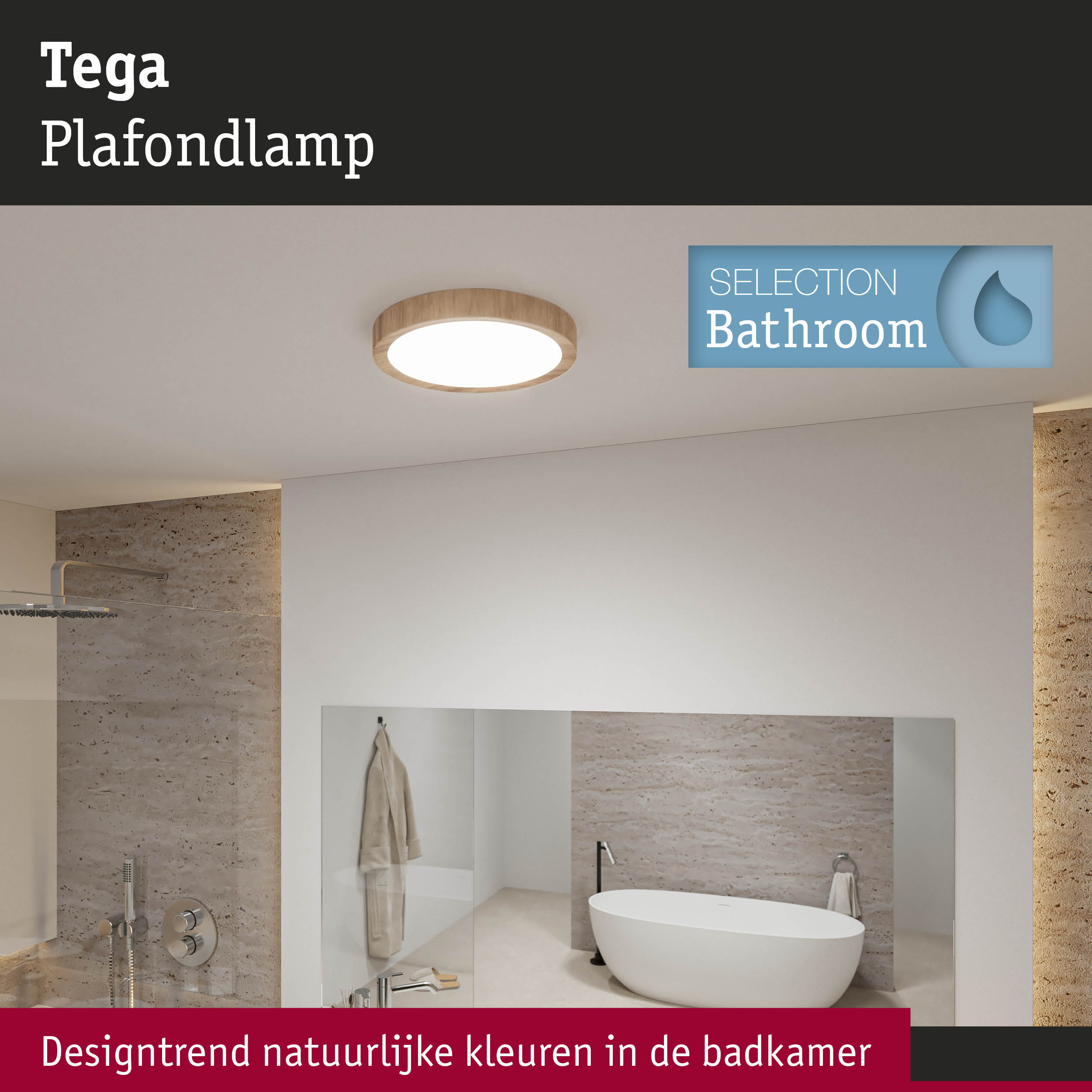 Ronde Tega plafondlamp met houten frame in natuurlijke kleur voor badkamerverlichting