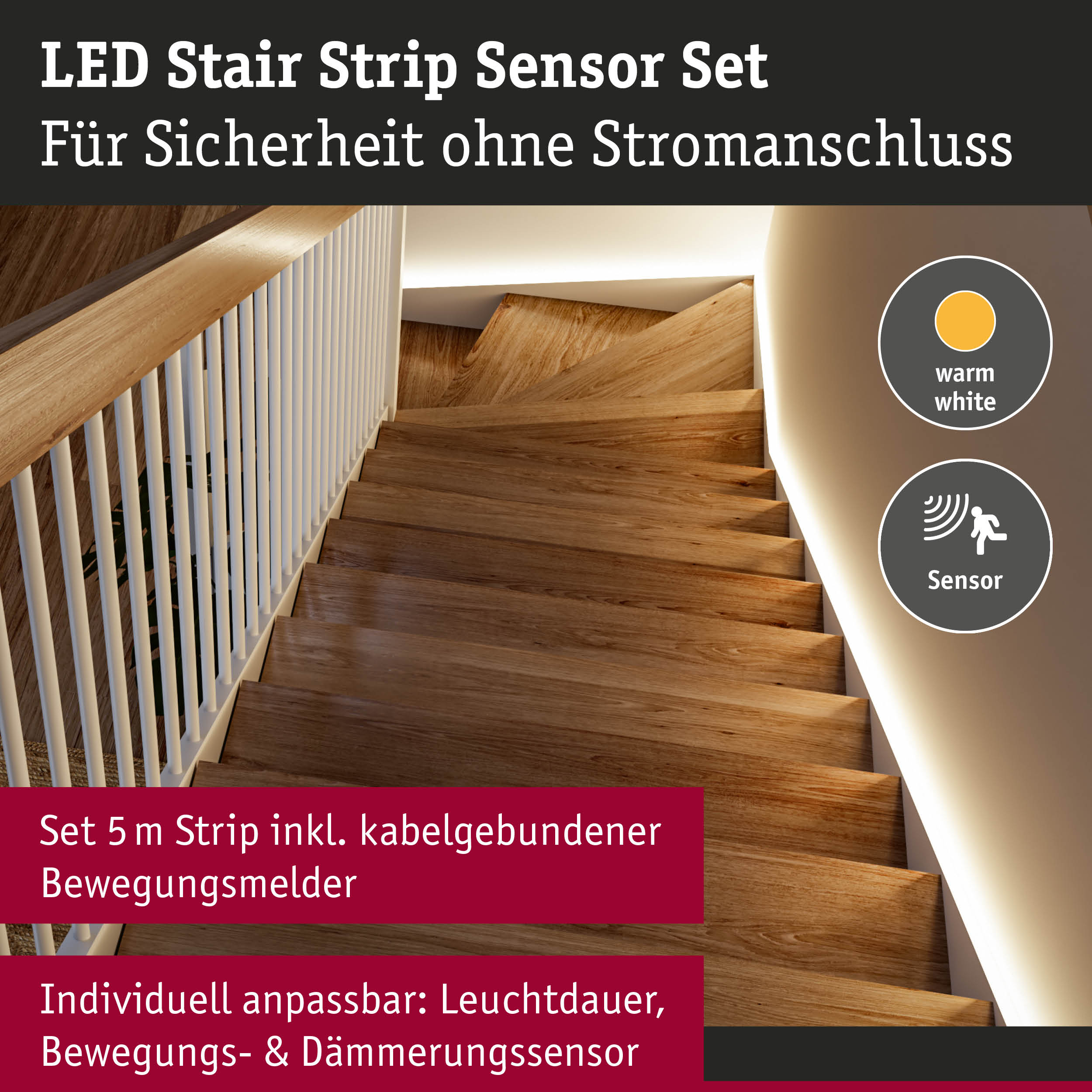 LED Treppenlicht Sensor Set mit warmweißem Licht für sichere Beleuchtung ohne Stromanschluss