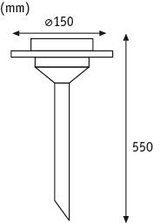 Teknisk tegning af en 550 mm lang pærelampe med 150 mm diameter, aluminium materiale.