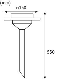 Technical drawing of a 550 mm long stake light with 150 mm diameter, aluminum material.