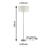 Staande lamp met witte stoffen kap en metalen voet, 160 cm hoog, 45 cm diameter, moderne woonverlichting