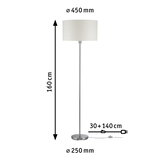 Stehende Wohnzimmerlampe mit weißem Stoffschirm und Metallfuß, Maße 160 cm hoch, 45 cm Durchmesser