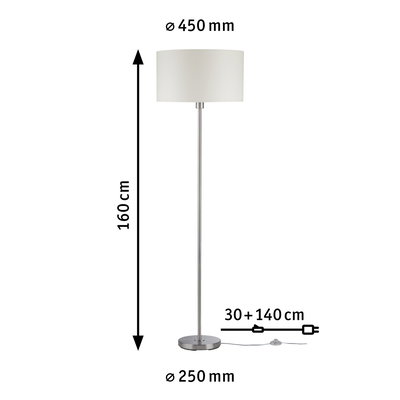 Stehende Wohnzimmerlampe mit weißem Stoffschirm und Metallfuß, Maße 160 cm hoch, 45 cm Durchmesser