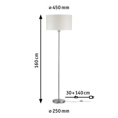 Staande lamp met witte stoffen kap en metalen voet, 160 cm hoog, 45 cm diameter, moderne woonverlichting