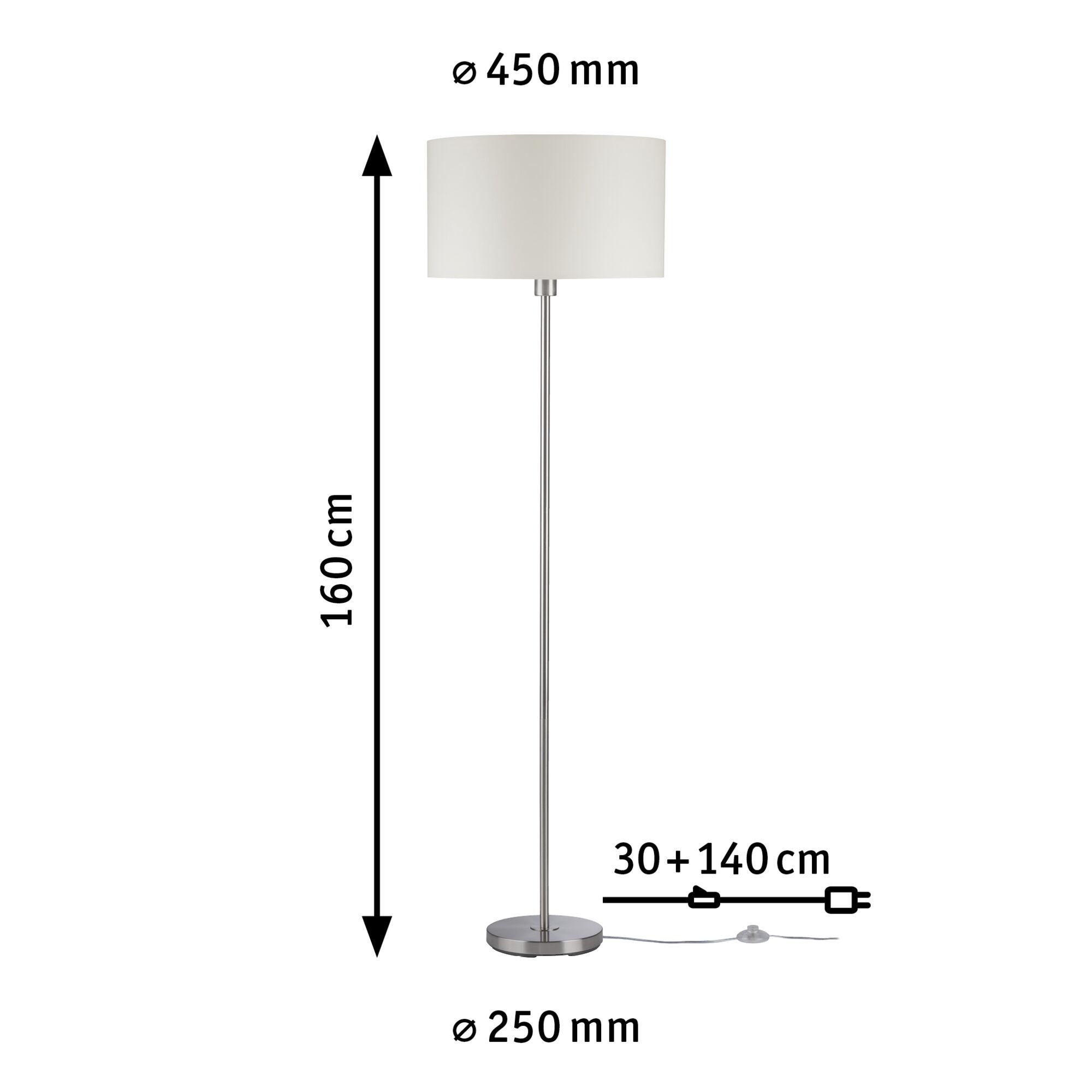 Lampadaire avec abat-jour blanc en tissu et base en acier inoxydable, hauteur 160 cm, diamètre 45 cm