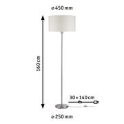 Staande lamp met witte stoffen kap en roestvrijstalen voet, hoogte 160 cm, diameter 45 cm