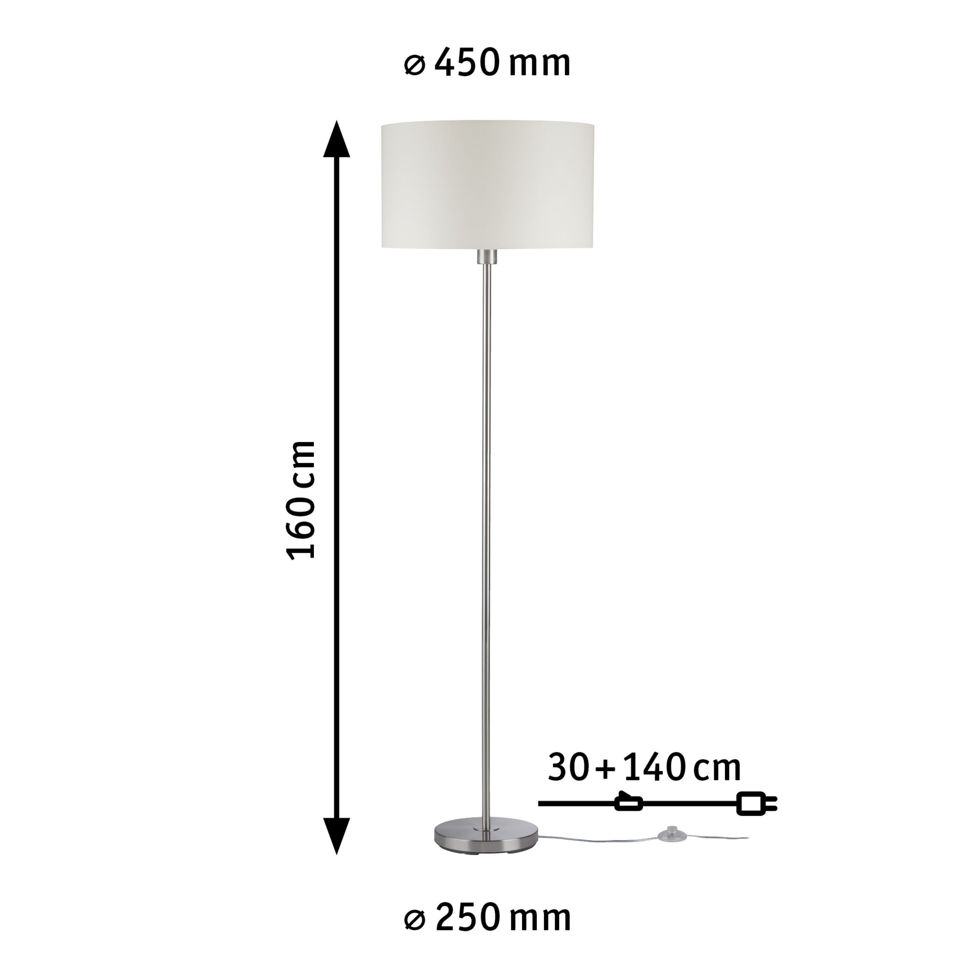 Staande lamp met witte stoffen kap en roestvrijstalen voet, hoogte 160 cm, diameter 45 cm