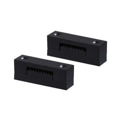 Two black plastic mounts with serrated inner section and screw holes for secure installation