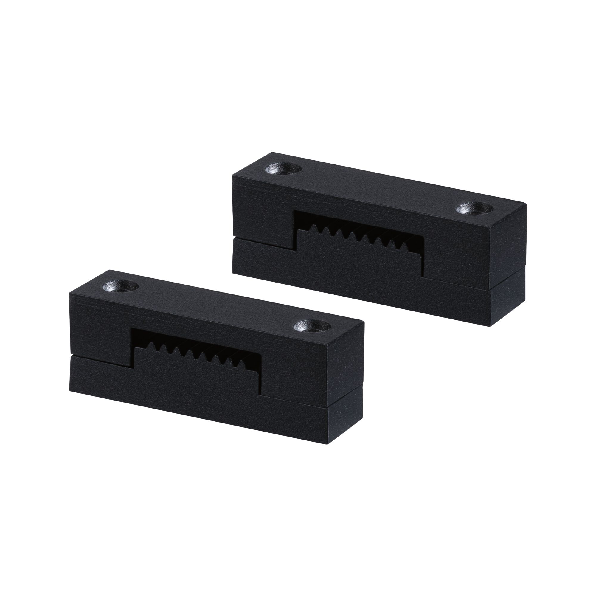 Two black plastic mounts with serrated inner section and screw holes for secure installation