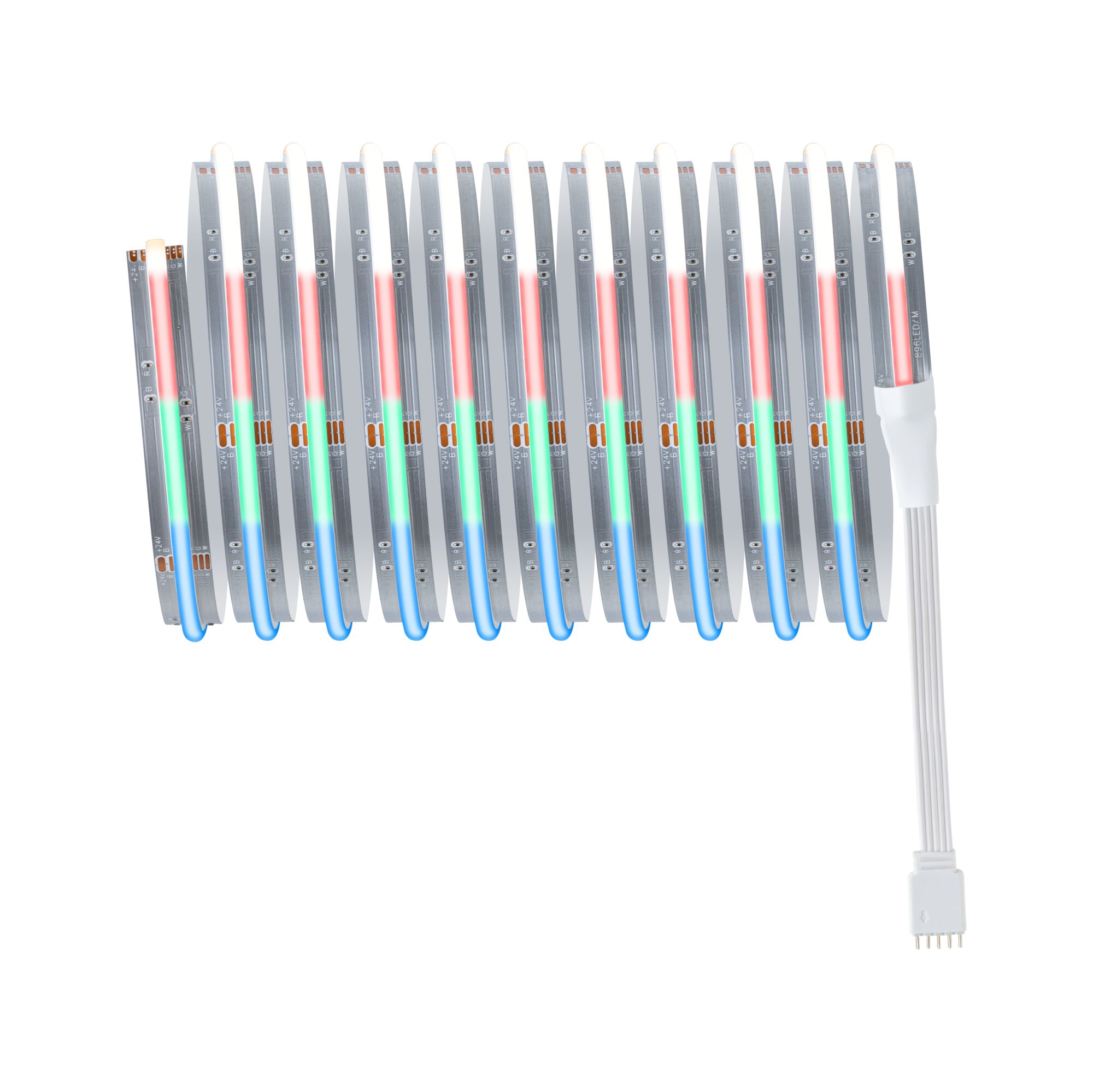 Bande LED RGB multicolore avec câble de connexion blanc pour éclairage polyvalent.