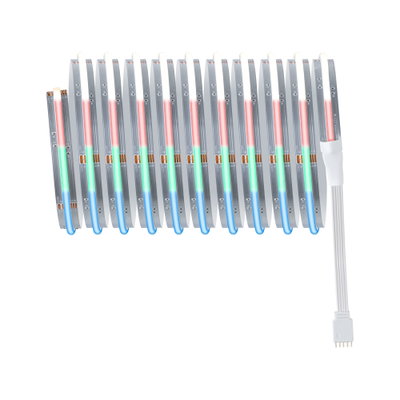 Colorful RGB LED strip light with white connector cable for versatile lighting solutions.
