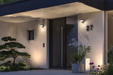 Modern house facade with black door, grey wall lights, and decorative plants at the entrance area.