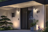 Modern house facade with black door, grey wall lights, and decorative plants at the entrance area.