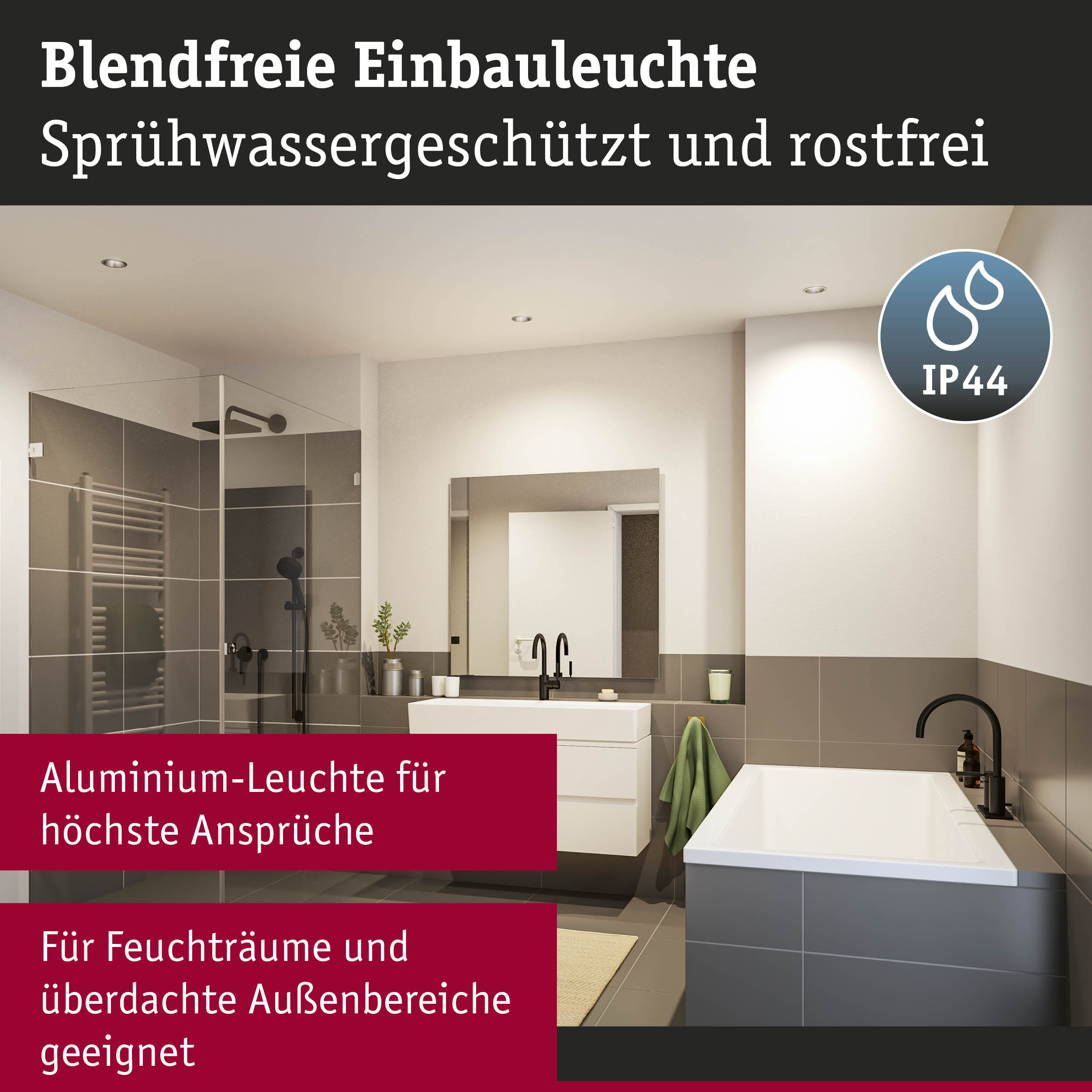 Blendfreie Aluminium-Einbauleuchte in Silber für Feuchträume mit IP44 Schutz und modernem Bad-Design