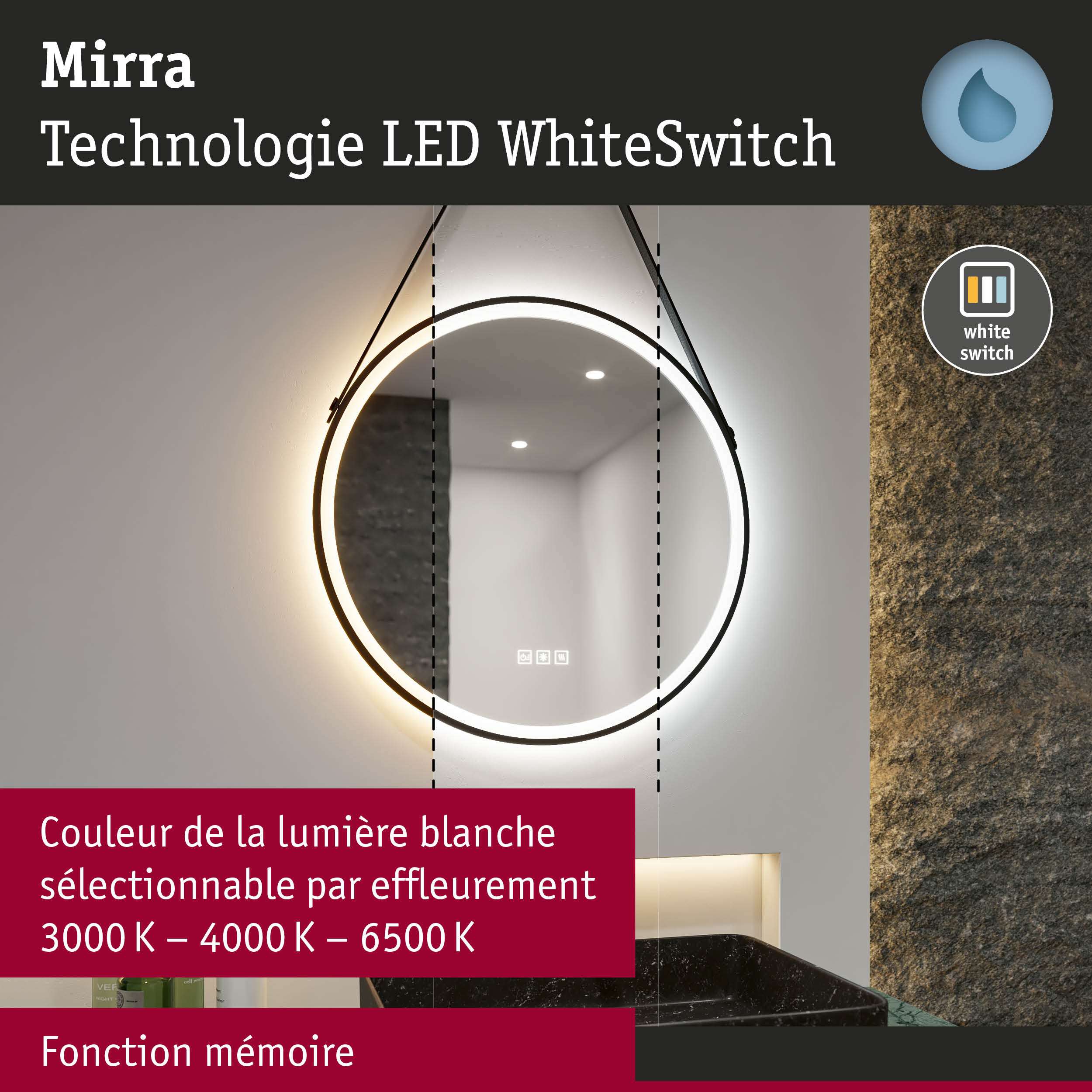 Miroir LED rond avec couleur de lumière blanche réglable et fonction mémoire pour salle de bain moderne