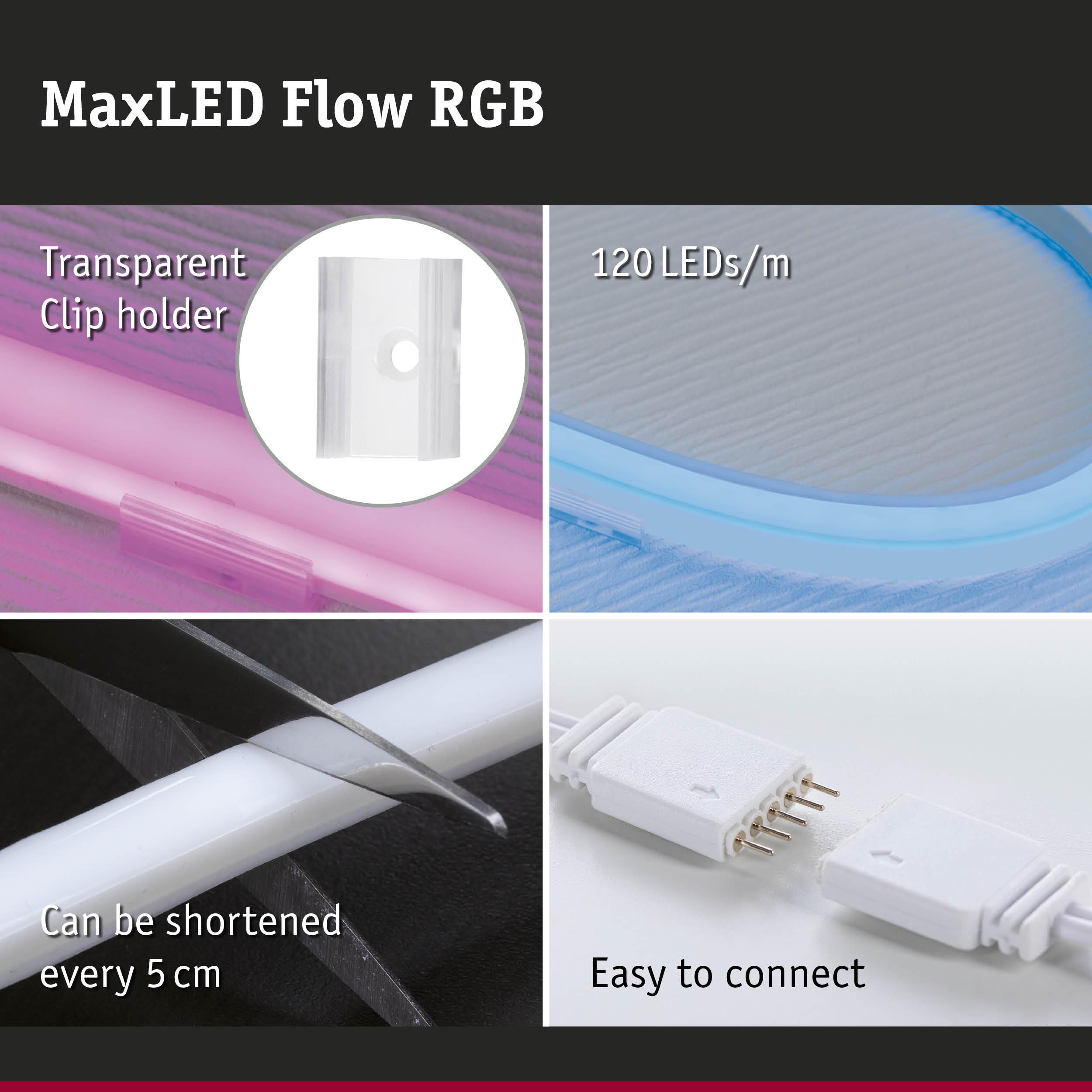 MaxLED Flow RGB LED strip with transparent clip holder, 120 LEDs per meter, cuttable every 5 cm, easy to connect