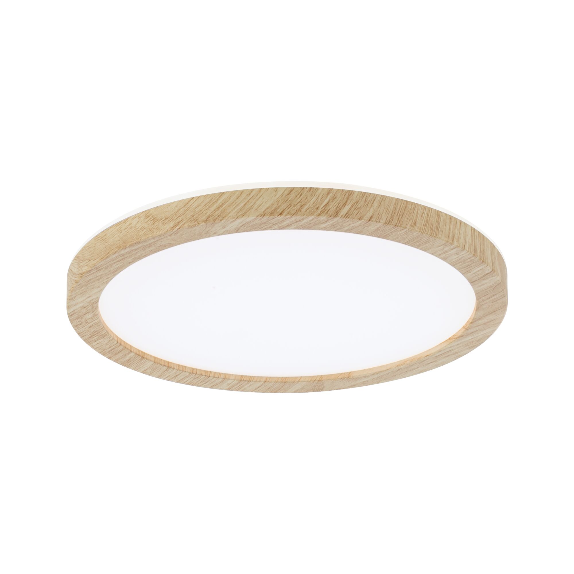 Runde Deckenleuchte mit Holzrahmen in Eiche natur und weißem Diffusor für warmes LED-Licht