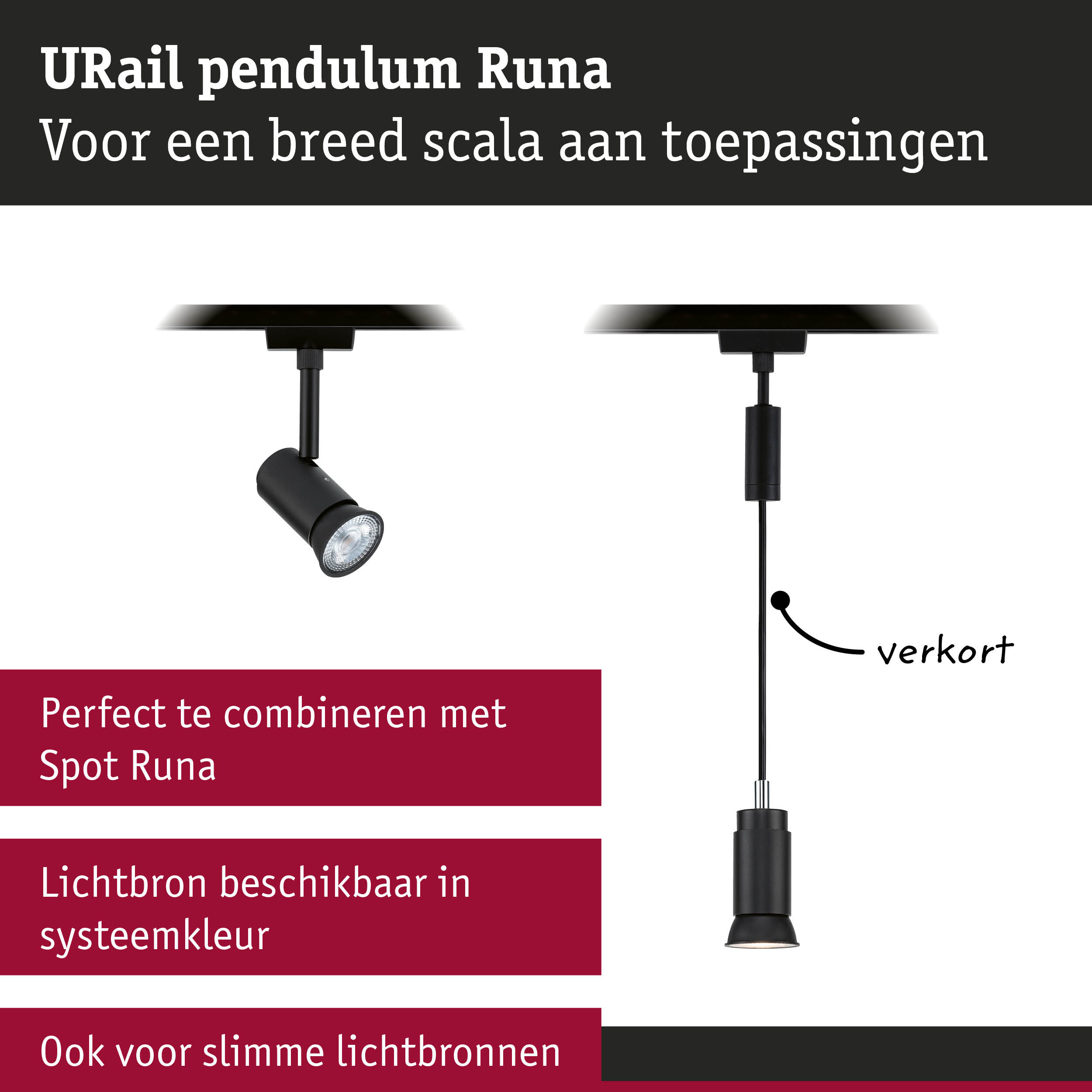 Zwarte URail pendel Runa van metaal met verstelbare spot voor veelzijdige verlichting