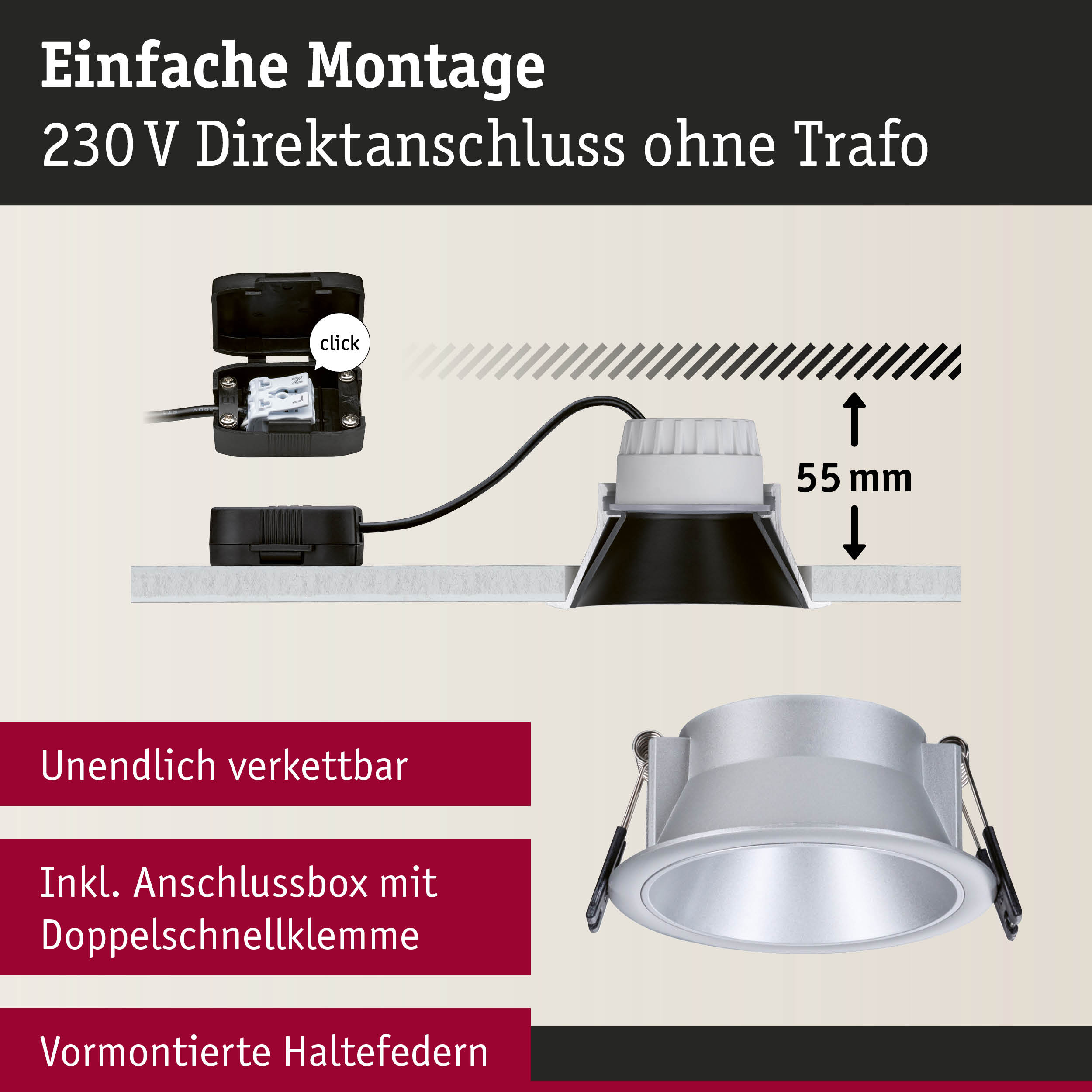 Einbauleuchte aus Aluminium in Silber mit Anschlussbox und Doppelschnellklemme für 230V Direktanschluss