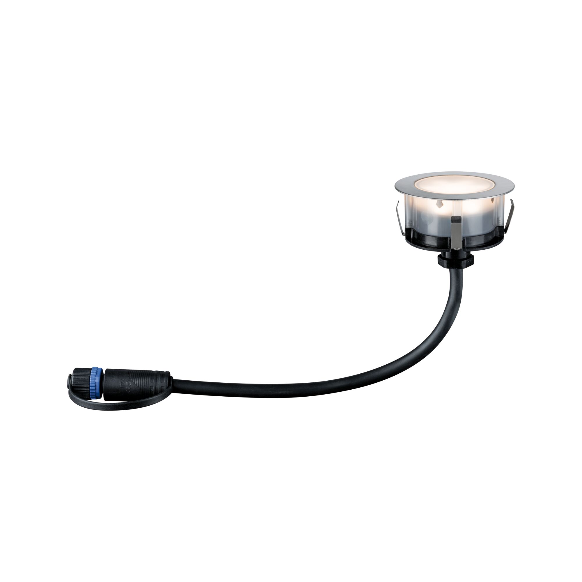 Round LED recessed light with stainless steel trim and black cable for modern indoor lighting