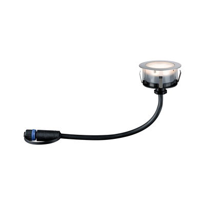Round LED recessed light with stainless steel trim and black cable for modern indoor lighting