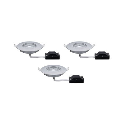 Three white LED recessed spotlights with silver trim and black connector box for modern lighting solutions