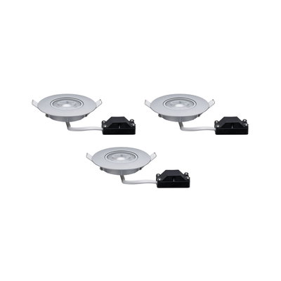 Three white LED recessed spotlights with silver trim and black connector box for modern lighting solutions