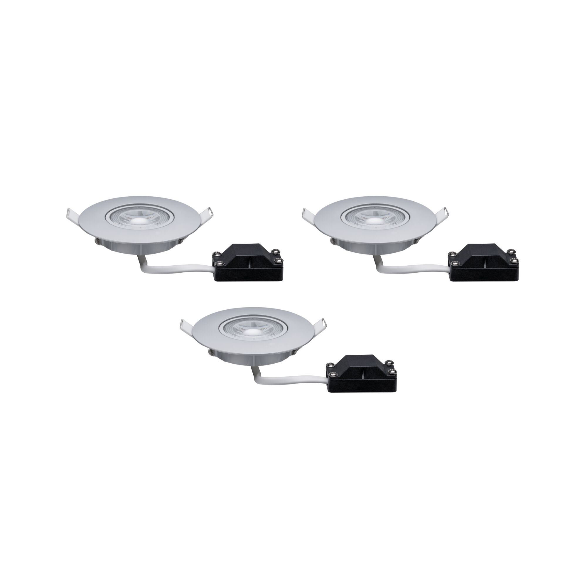 Drie witte LED-inbouwspots met zilverkleurige rand en zwarte aansluitdoos voor moderne verlichting