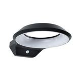 Black LED outdoor wall light with round diffuser and motion sensor for energy-efficient exterior lighting