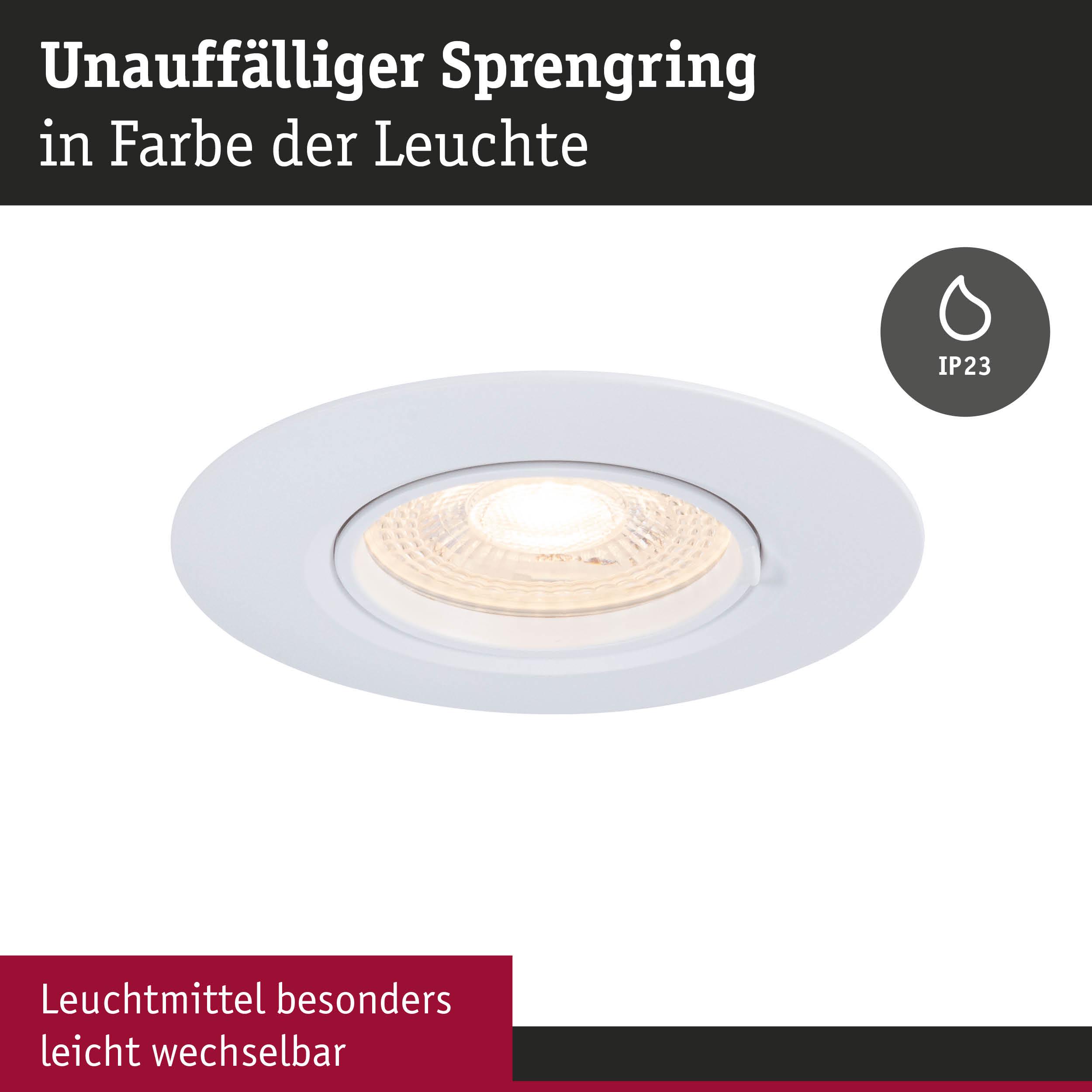 Unauffälliger weißer Einbaustrahler mit Sprengring und IP23 Schutz für Innenbeleuchtung