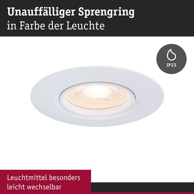 Unauffälliger weißer Einbaustrahler mit Sprengring und IP23 Schutz für Innenbeleuchtung
