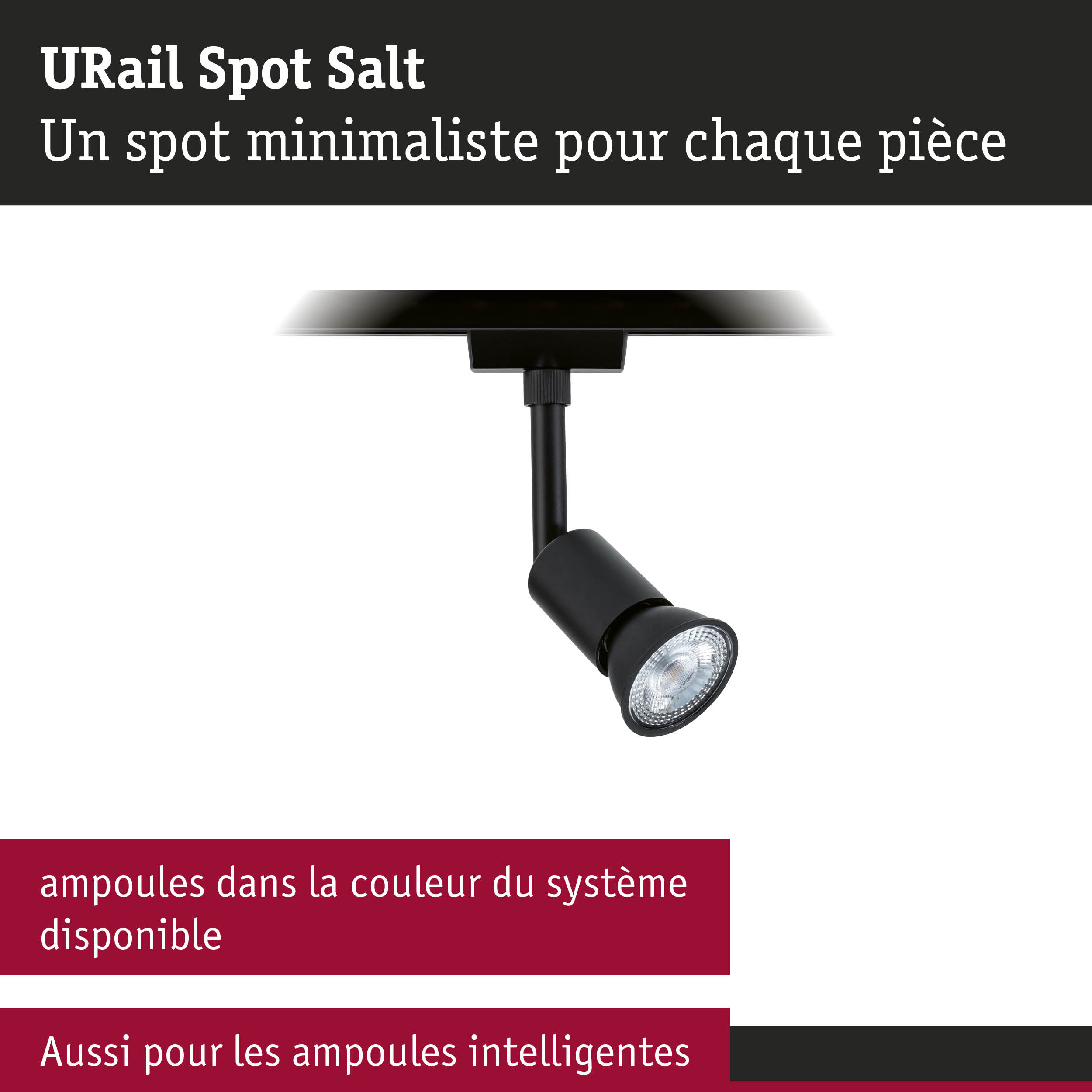 Spot LED URail Spot Salt noir au design minimaliste pour un éclairage polyvalent des pièces