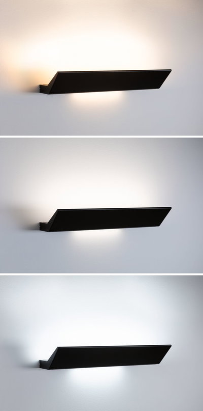 Applique murale LED noire en métal avec lumière blanche chaude indirecte pour intérieurs modernes