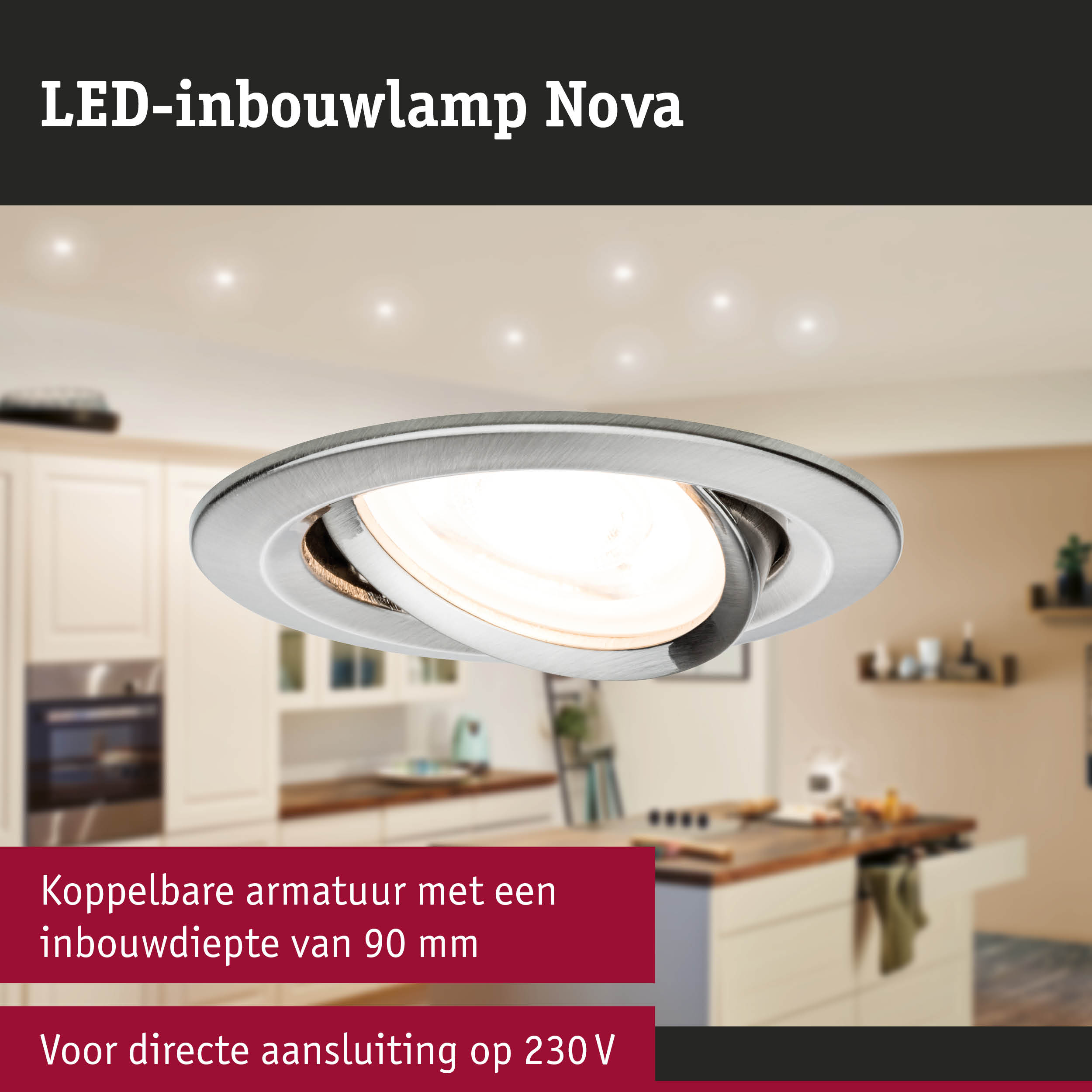 LED-inbouwlamp Nova van geborsteld zilver metaal voor moderne keukenverlichting